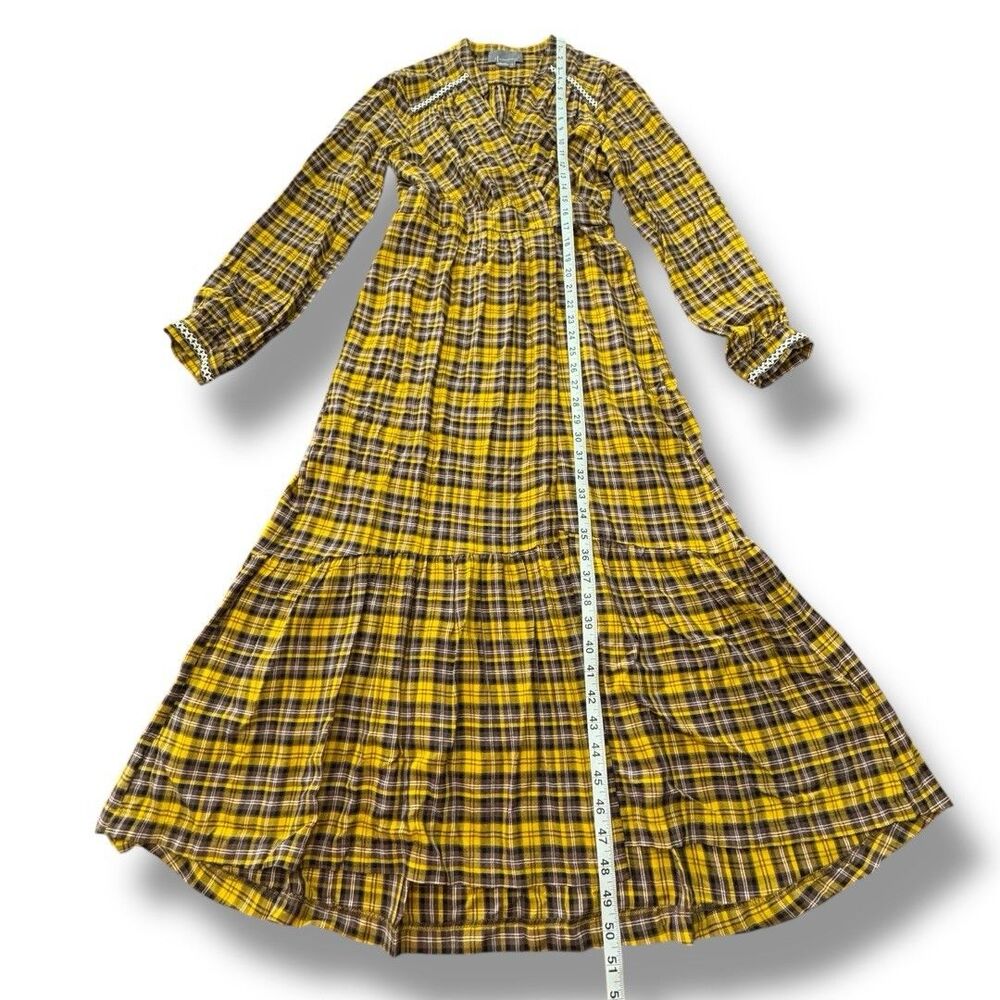 Anthropologie Dalton Wrap Dress Mustard Yellow Midi Tiered Plaid Women’s Size S - Picture 3 of 14